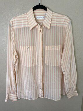 Liz Claiborne Womens Striped Sheer Button Down Blouse Size 8 Cream Pink Silk